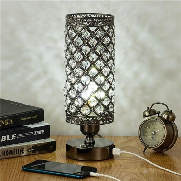 Crystal Bedside Black Table Lamp 3 Color Options Lamps for Bedroom Modern USB - Picture 7 of 7